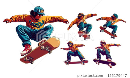 Skater cartoon vector set. Helmet young teenager street wear kid, making trick black skin boy skateboarding character roller, urban active ride poses dynamic person, isolated illustrations on white 123179447