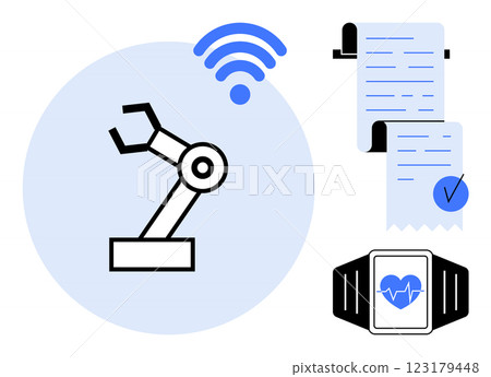 Robotic arm, digital documents, and smartwatch with heart rate monitor. Ideal for technology, automation, healthcare, smart devices, and digital transformation. Simple illustration style 123179448