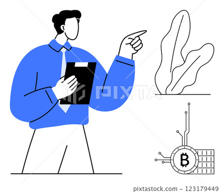 A business professional holding a clipboard points at a digital bitcoin symbol and a plant illustration. Ideal for finance, cryptocurrency, business presentations, tech innovation, and data analysis 123179449