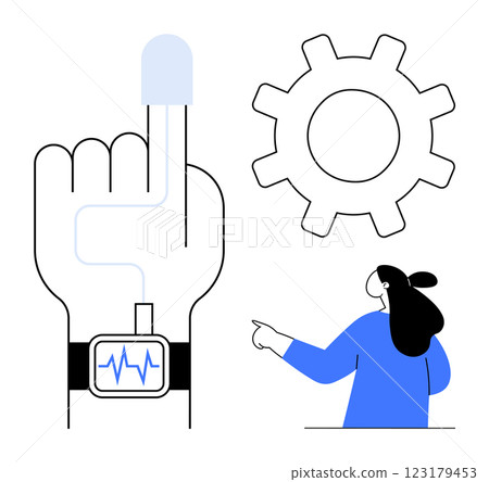 Hand wearing a smartwatch with heart rate display, a large gear in the background, and a person pointing towards it. Ideal for health, wellness, technology, biometric tracking, fitness. Digital 123179453