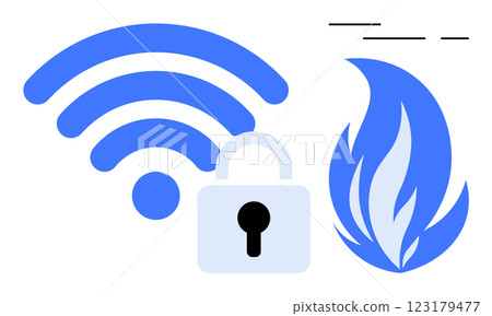 Lock and wireless signal in blue next to a flame symbol representing firewall. Ideal for cybersecurity web design technology protection network safety digital security and data privacy themes. Flat Lock and wireless signal in blue next to a flame symbol representing firewall. Ideal for cybersecurity web design technology protection network safety digital security and data privacy themes. Flat 123179477