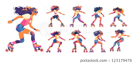 Roller girl cartoon vector set. Skater derby woman sunglasses positive female, dynamic pose rink queen sliding character, isolated illustrations on white backdrop 123179478