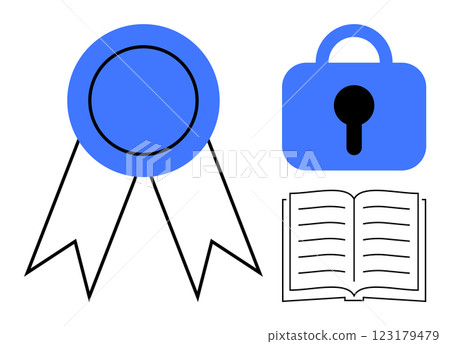 Blue ribbon with two tails, an open book, and a lock symbol emphasize achievement, education, and security. Ideal for academic success, privacy, learning, quality, and credential themes. Simple 123179479