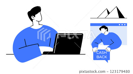 A person is working on a laptop and another panel shows the same individual holding a sign saying Cash Back within a web browser. Ideal for business, e-commerce, online shopping, marketing A person is working on a laptop and another panel shows the same individual holding a sign saying Cash Back within a web browser. Ideal for business, e-commerce, online shopping, marketing 123179480