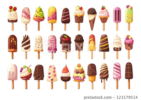 Ice cream cartoon vector set. Caramel vanilla creamy cones, chocolate delight popsicle pistachio mint coffee milk toppings sticks treats chilled frozen desserts, isolated illustrations 123179514