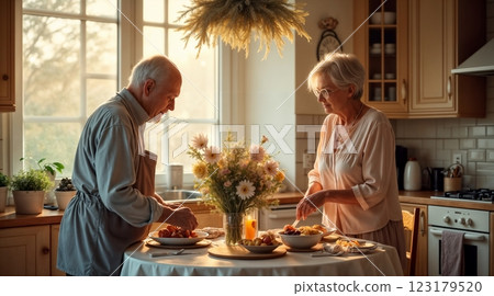 Happy european elderly couple cooking dinner together in kitchen in cozy home environment Happy european elderly couple cooking dinner together in kitchen in cozy home environment 123179520