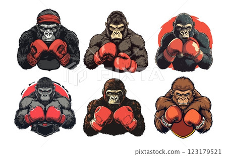 Gorilla boxer cartoon vector set. Strong red gloves furious ready to fight pose ape, martial arts fighter silver back monkey brawler, club emblems logo, isolated illustrations Gorilla boxer cartoon vector set. Strong red gloves furious ready to fight pose ape, martial arts fighter silver back monkey brawler, club emblems logo, isolated illustrations 123179521