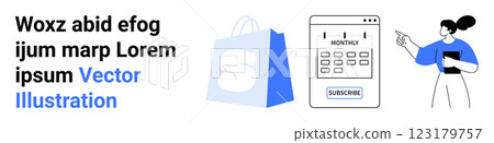 A blue shopping bag, a calendar with a subscribe button, and a woman holding a clipboard pointing. Ideal for business, e-commerce, scheduling, appointments, and organization. Landing page 123179757