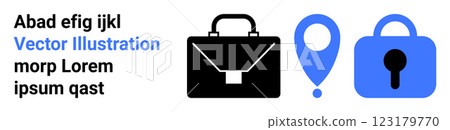 Black briefcase, blue map pin, and blue lock with keyhole highlight business security and protection. Ideal for cybersecurity, business travel safety, data security, secure locations, online privacy 123179770