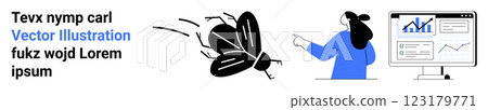 Person pointing at a computer screen displaying charts and graphs. Black and blue modern design. Ideal for business analytics, data presentation, market analysis, growth tracking, report dashboards 123179771