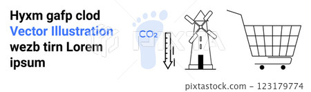 Footprint and CO2 symbol to suggest environmental impact and sustainability a windmill to denote renewable energy and a shopping cart indicating consumerism. Ideal for sustainability eco-friendliness Footprint and CO2 symbol to suggest environmental impact and sustainability a windmill to denote renewable energy and a shopping cart indicating consumerism. Ideal for sustainability eco-friendliness 123179774