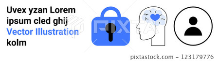 Combination of a lock, a human head with mental health symbols, and a user profile. Ideal for security, mental health awareness, personal data protection, user identification, and web services 123179776