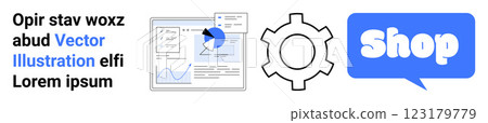 Business analysis with graphs and charts gear icon and shop speech bubble. Ideal for e-commerce data analytics business strategy online store and market research. Landing page 123179779