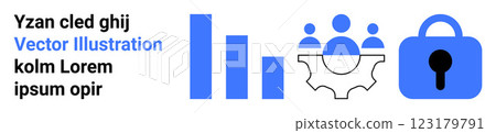 Three bar graphs, three people figures on a gear, and a locked padlock. Ideal for business analytics, team collaboration, data security, growth analysis, and corporate strategy. Landing page 123179791