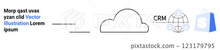 A simple line cloud connected to CRM and e-commerce icons with text on the left side and a cloud in the middle. Ideal for cloud technology, CRM, e-commerce integration, data storage, web services 123179795