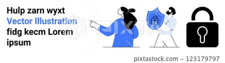 Two characters with a shield lock, an individual pointing, and a large padlock icon. Ideal for cyber security, data protection, privacy, technology, online safety. Landing page 123179797