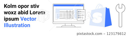 Computer screen with charts, shopping bag, and wrench. Ideal for e-commerce, online store management, digital marketing, website maintenance, business tools. Landing page 123179812