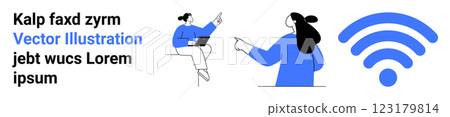 Two characters interacting, one with a laptop, the other pointing, and a large blue wireless symbol. Ideal for technology, connectivity, remote work, internet services, digital communication. Landing Two characters interacting, one with a laptop, the other pointing, and a large blue wireless symbol. Ideal for technology, connectivity, remote work, internet services, digital communication. Landing 123179814