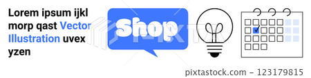 Illustration of a chat bubble with the word Shop inside, a lightbulb, and a calendar with a check mark. Ideal for e-commerce, creativity, planning, organization, and scheduling. Landing page Illustration of a chat bubble with the word Shop inside, a lightbulb, and a calendar with a check mark. Ideal for e-commerce, creativity, planning, organization, and scheduling. Landing page 123179815
