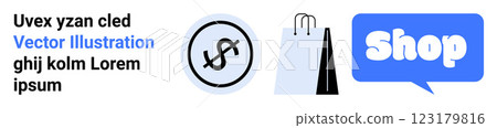 Set of icons including a dollar symbol, shopping bags, and the word shop in a blue speech bubble Ideal for e-commerce, online shopping, retail, business, and marketing themes Landing page 123179816