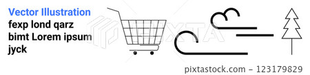 Abstract elements including a shopping cart, swirling cloud lines, and a simple tree. Ideal for marketing, e-commerce, nature themes, online shopping, minimalistic design. Landing page 123179829