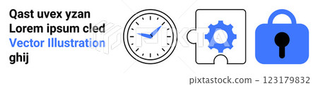 Clock next to a gear piece puzzle and blue padlock icon. Ideal for themes of time management, security, problem-solving, productivity, and digital safety. Landing page Clock next to a gear piece puzzle and blue padlock icon. Ideal for themes of time management, security, problem-solving, productivity, and digital safety. Landing page 123179832