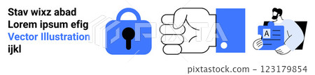 Three icons a locked padlock, a clenched hand holding something, and a person presenting an ID card. Ideal for digital security, data protection, user information, access control, authentication 123179854