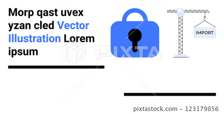 Lock icon and crane lifting import sign. Ideal for concepts like data security, importing goods, logistics, privacy protection, and construction. Landing page 123179856