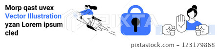Depicts a person riding a rocket, a padlock, and a woman making a stop gesture. Ideal for online privacy, cybersecurity, digital safety, secure access, and data protection. Landing page 123179868