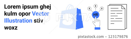 Blue shopping bag, hand touching an HR button, and documents symbolize business services and HR solutions. Ideal for business, e-commerce, human resources, administration, and corporate applications 123179876