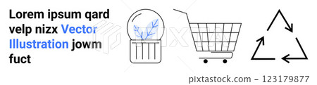 On left, text block with placeholder text, some text in blue. Center shows a glass dome with a plant, symbolizing nature. Right has a shopping cart, and a recycling symbol. Ideal for web design 123179877