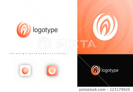 Abstract circular fire logo with a dynamic flame shape, symbolizing energy, power, transformation, lotus flower. Ideal for energy companies, gas, oil, sustainability, beauty, healthcare. Vector logo 123179920