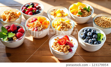 Colorful bowls of fresh fruit and granola arranged on a wooden table 123179954