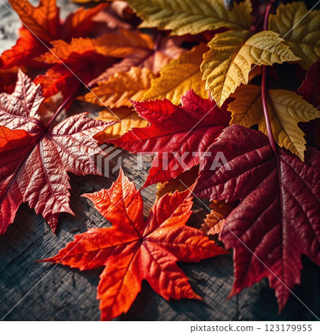 Colorful autumn leaves spread on a wooden surface during fall in nature 123179955