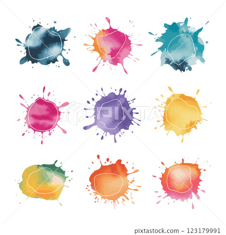 A collection of dynamic ink splashes in different color palettes. Ideal for abstract art, graphic design, and digital media. 123179991