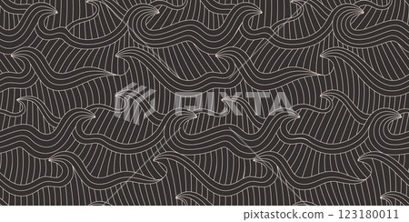 Hand drawn linear dark waves, sea, water seamless pattern. Simple modern line ocean on black background. 123180011