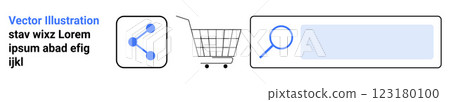 A shopping cart, search bar with magnifying glass, and social media share icon are aligned. Ideal for e-commerce, social media, marketing, online search, web design. Landing page 123180100