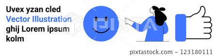 Cartoon figure pointing at happy face and thumbs-up symbol next to placeholder text. Ideal for user feedback, digital marketing, social media, client satisfaction, and online engagement. Landing page 123180111