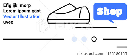 Simple outline of a shoe with a large Shop call to action button. Accompanied by dummy text and minimalistic icons. Ideal for e-commerce websites fashion and sales pages online stores and landing 123180135