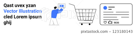 Person holding device, shopping cart, social media profile with likes and comments. Ideal for e-commerce, digital marketing, social media management, mobile shopping, and user engagement. Landing Person holding device, shopping cart, social media profile with likes and comments. Ideal for e-commerce, digital marketing, social media management, mobile shopping, and user engagement. Landing 123180143