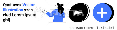 Female character pointing, a black play button, and a blue add button. Ideal for user interface, digital media, web design, e-learning, and multimedia applications. Landing page Female character pointing, a black play button, and a blue add button. Ideal for user interface, digital media, web design, e-learning, and multimedia applications. Landing page 123180151