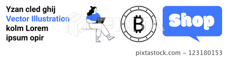 Woman sitting with laptop speech bubble with shop text and bitcoin coin in black blue, and white Ideal for online shopping cryptocurrency digital transactions web development e-commerce technology Woman sitting with laptop speech bubble with shop text and bitcoin coin in black blue, and white Ideal for online shopping cryptocurrency digital transactions web development e-commerce technology 123180153