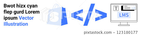 Shopping bag icon a coding symbol and an LMS screen with text and navigation icons. Ideal for e-commerce web development online learning platforms coding education and tech tutorials. Landing page Shopping bag icon a coding symbol and an LMS screen with text and navigation icons. Ideal for e-commerce web development online learning platforms coding education and tech tutorials. Landing page 123180177