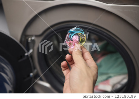 Using Laundry Detergent Pods While Doing Laundry in the Washing Machine with Clothes Using Laundry Detergent Pods While Doing Laundry in the Washing Machine with Clothes 123180199