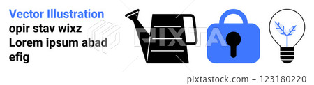Design includes a black watering can in the center with a blue padlock and a light bulb with a tree inside it on either side. Ideal for security, innovation, growth, sustainability, education Design includes a black watering can in the center with a blue padlock and a light bulb with a tree inside it on either side. Ideal for security, innovation, growth, sustainability, education 123180220