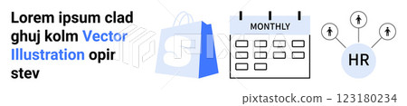 A shopping bag with an S, a calendar marked MONTHLY, and HR network symbols are shown. Ideal for e-commerce, monthly planning, HR management, vector design, business themes. Landing page 123180234