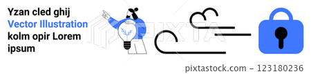 Cartoon character pointing to cloud and lock symbol. Ideal for online security, data protection, cloud storage, cybersecurity, privacy concerns. Landing page 123180236