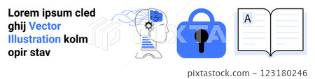 Human head with gears and brain, padlock, and open book with text icons. Ideal for themes of cognitive science, artificial intelligence, data security, education, and technology. Landing page 123180246