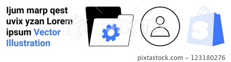 Black folder with a blue gear icon, a user avatar inside a circle, and a blue shopping bag with a white S. Ideal for business, user profiles, e-commerce, organization, navigation. Landing page 123180276