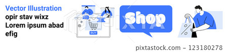 Women browsing products on a website, a speech bubble with the word shop, and a seamstress sewing. Ideal for e-commerce, online shopping, retail business, crafting, digital marketing. Landing page Women browsing products on a website, a speech bubble with the word shop, and a seamstress sewing. Ideal for e-commerce, online shopping, retail business, crafting, digital marketing. Landing page 123180278